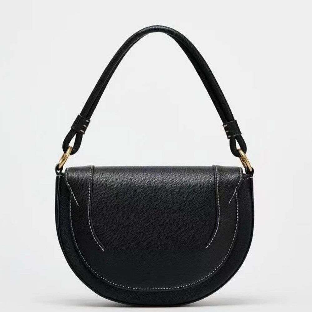 ZARA Black Cross Stitch Crossbody / Shoulder Saddle Bag